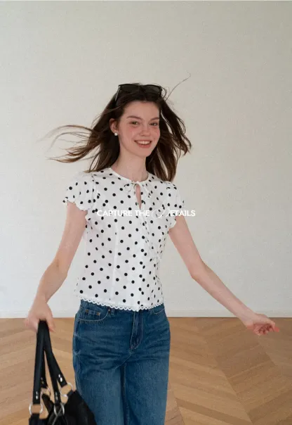 Polka Dot Print Lace Trim Short Sleeve Shirt