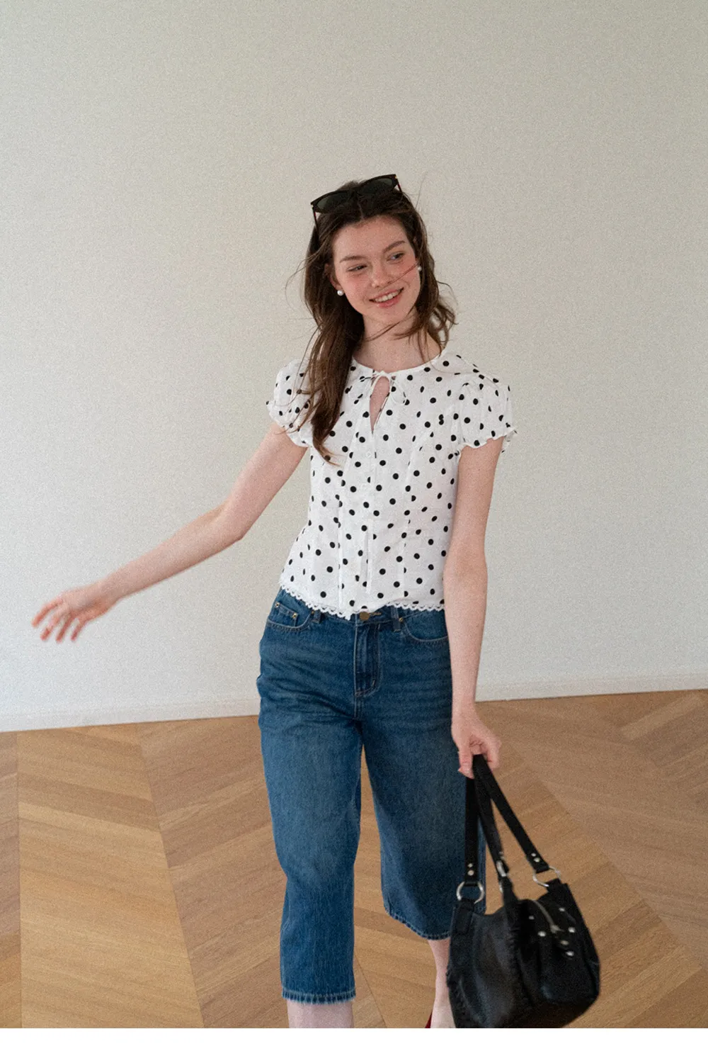 Polka Dot Print Lace Trim Short Sleeve Shirt