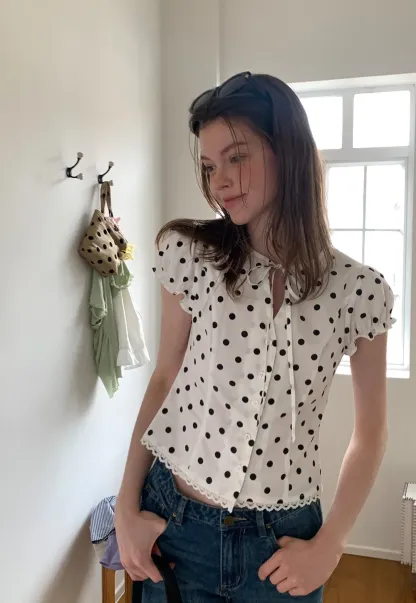 Polka Dot Print Lace Trim Short Sleeve Shirt