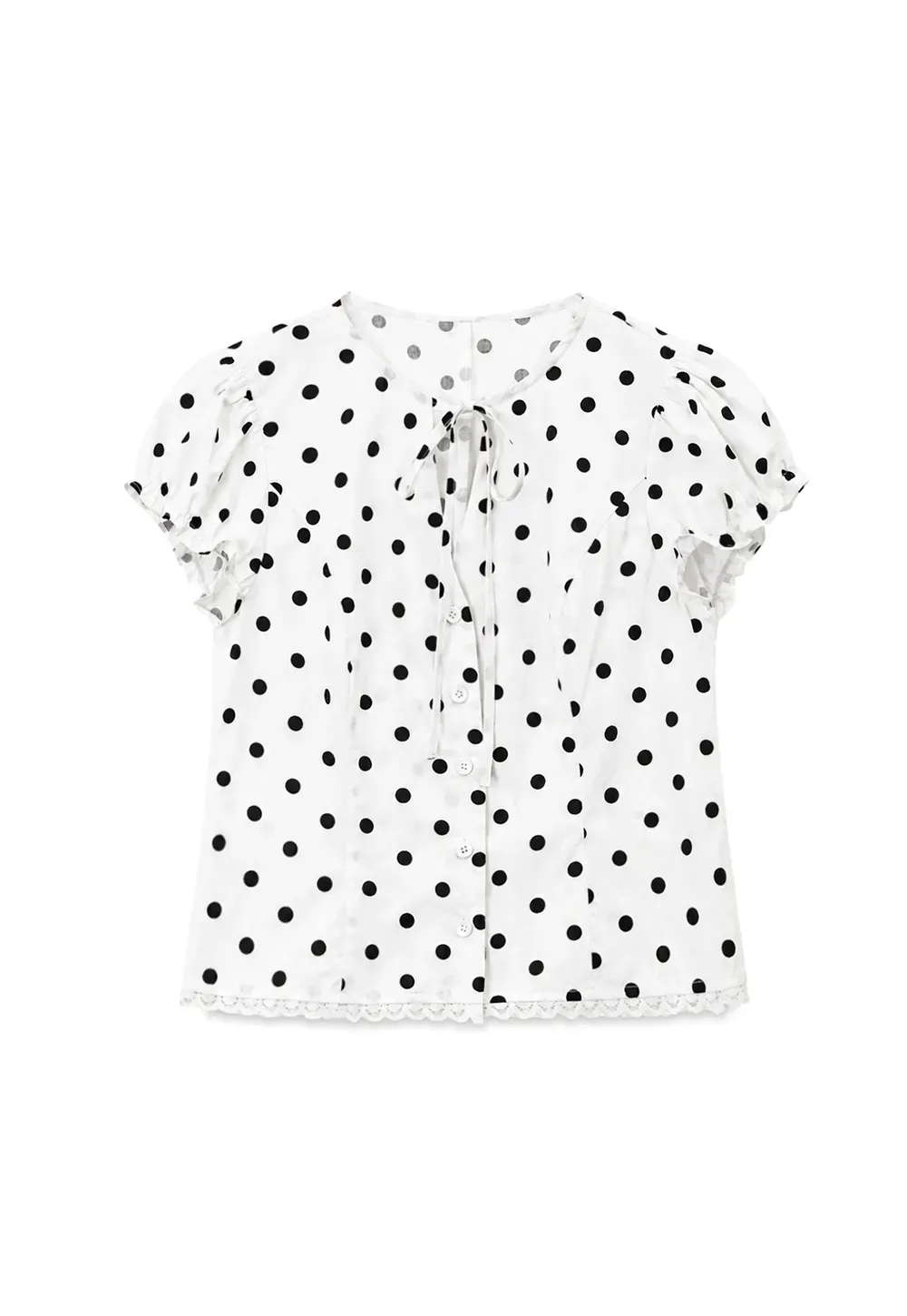 Polka Dot Print Lace Trim Short Sleeve Shirt