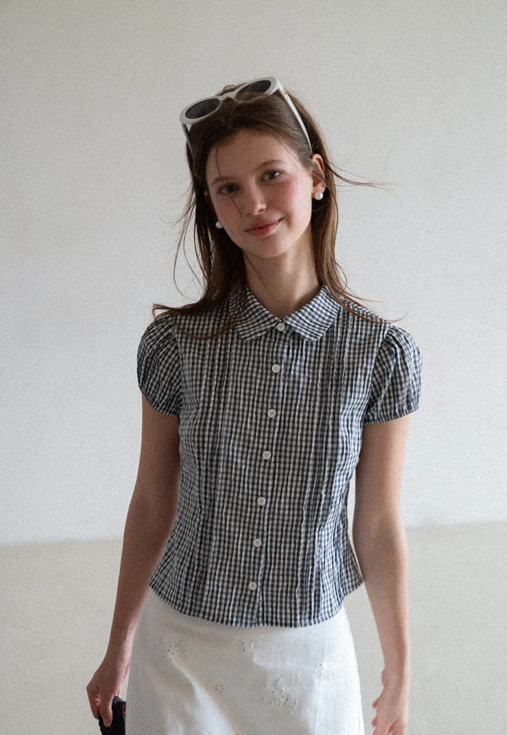 Gingham Check Puffed Sleeve Button Down Shirt