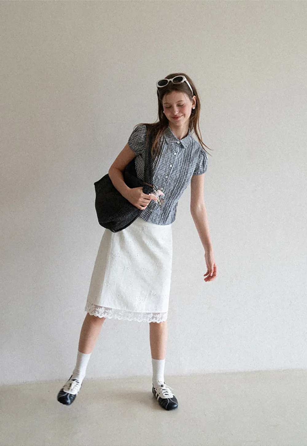Gingham Check Puffed Sleeve Button Down Shirt