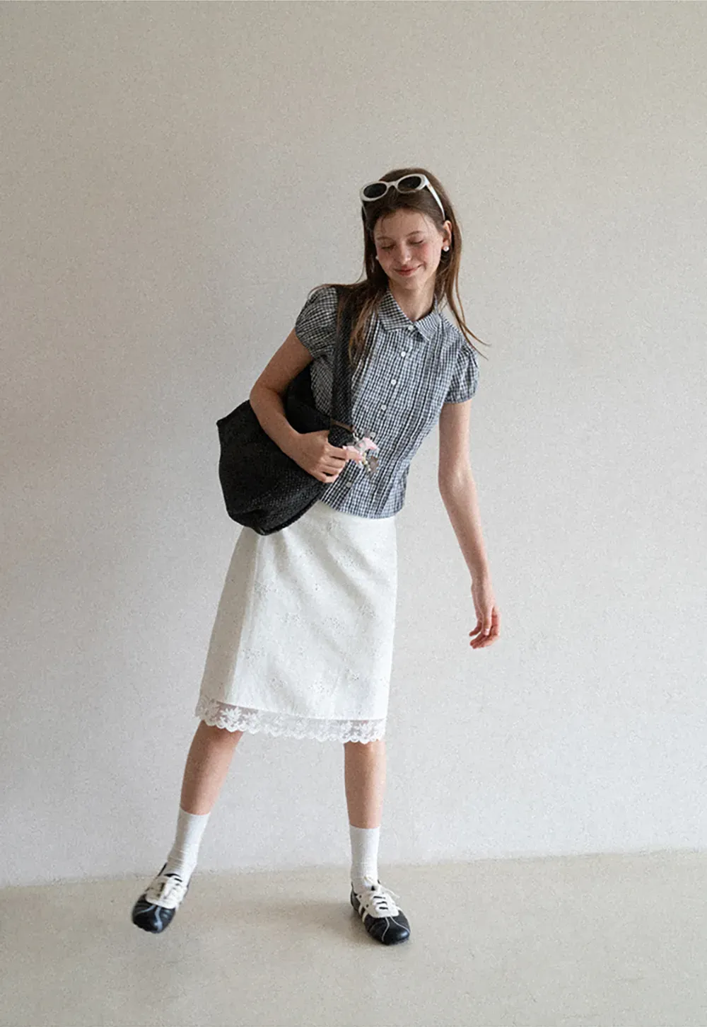 Gingham Check Puffed Sleeve Button Down Shirt