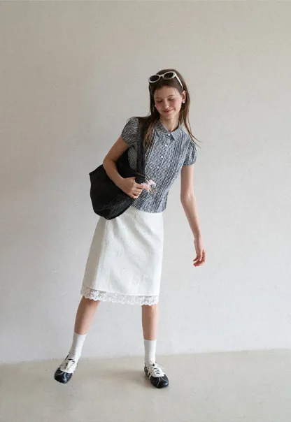 Gingham Check Puffed Sleeve Button Down Shirt