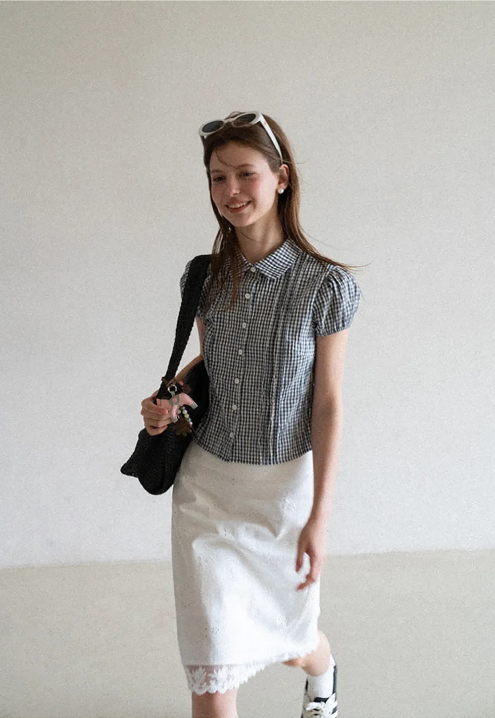 Gingham Check Puffed Sleeve Button Down Shirt