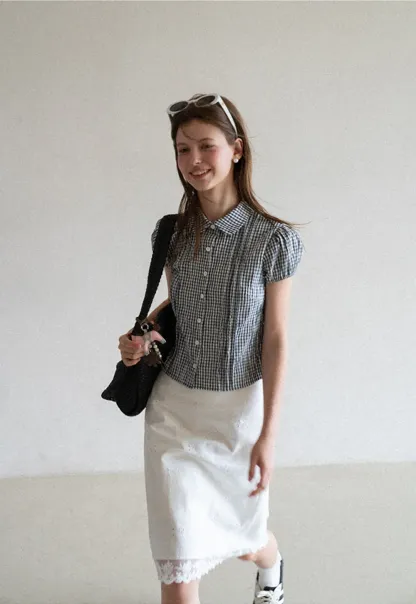 Gingham Check Puffed Sleeve Button Down Shirt