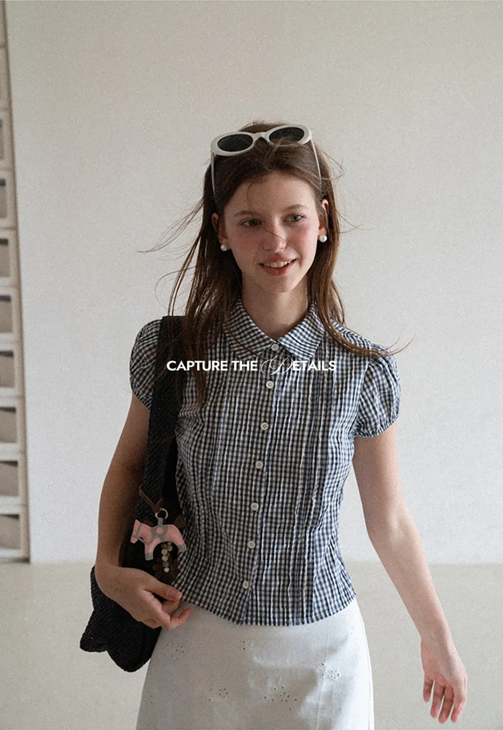 Gingham Check Puffed Sleeve Button Down Shirt