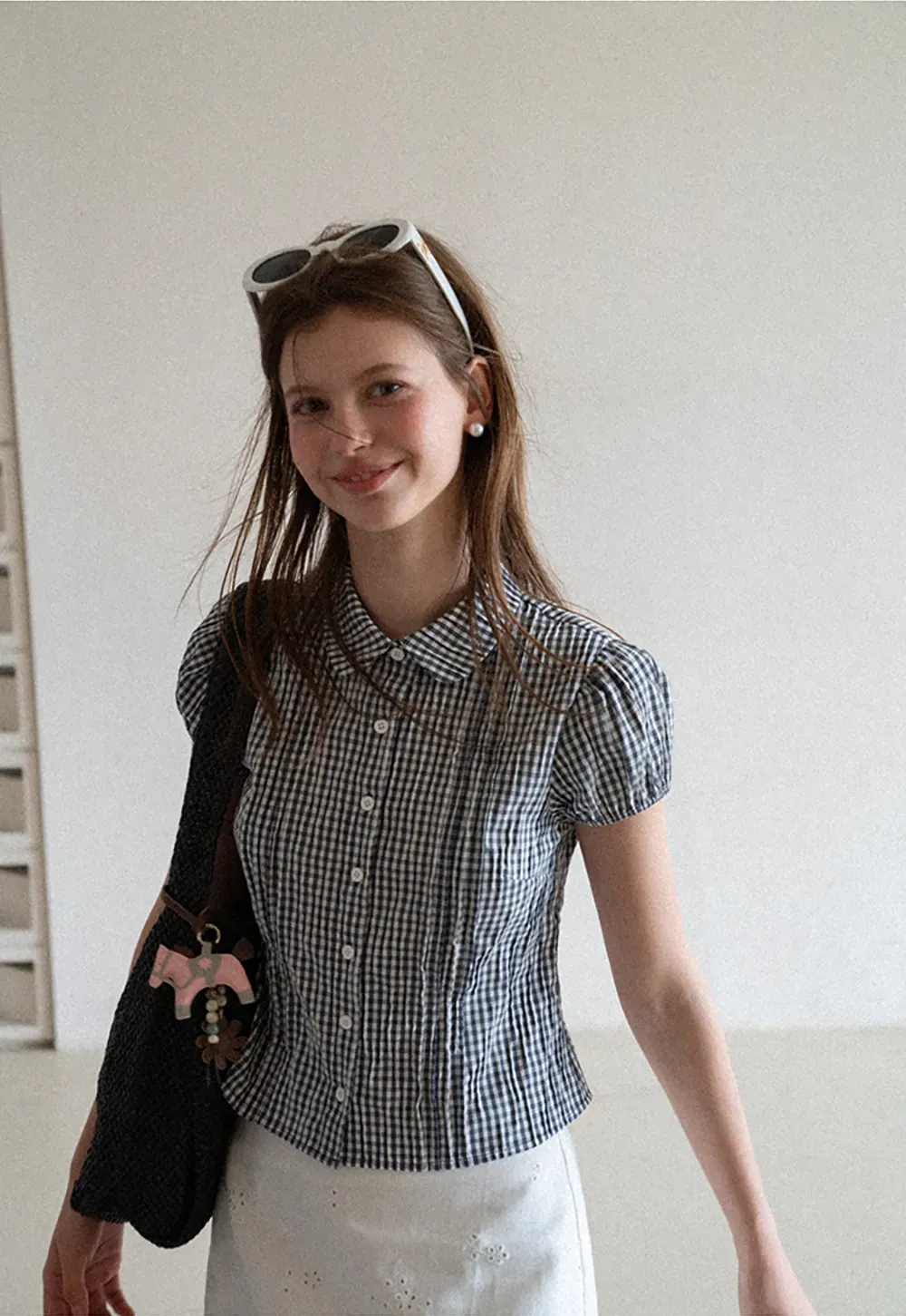 Gingham Check Puffed Sleeve Button Down Shirt