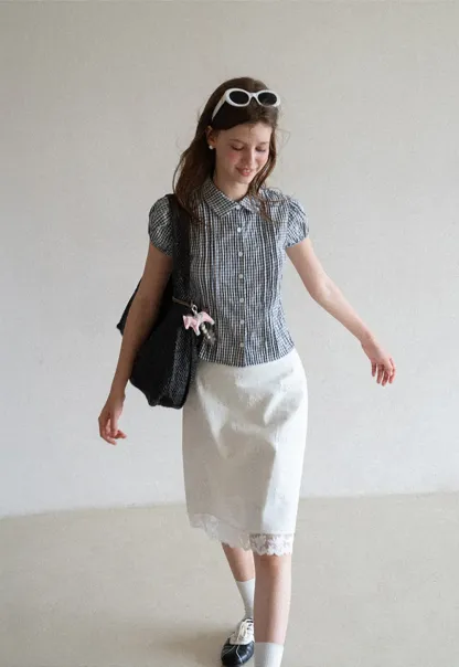 Gingham Check Puffed Sleeve Button Down Shirt