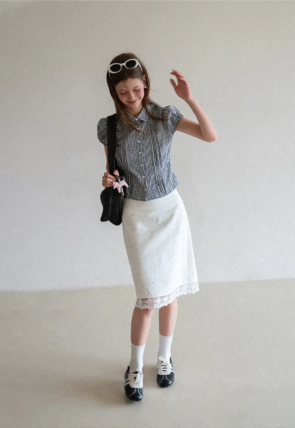 Gingham Check Puffed Sleeve Button Down Shirt