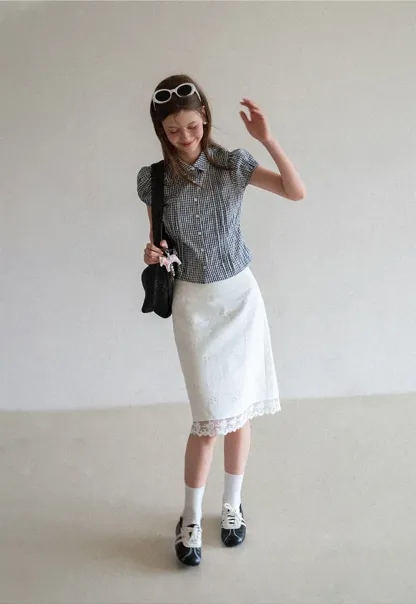 Gingham Check Puffed Sleeve Button Down Shirt