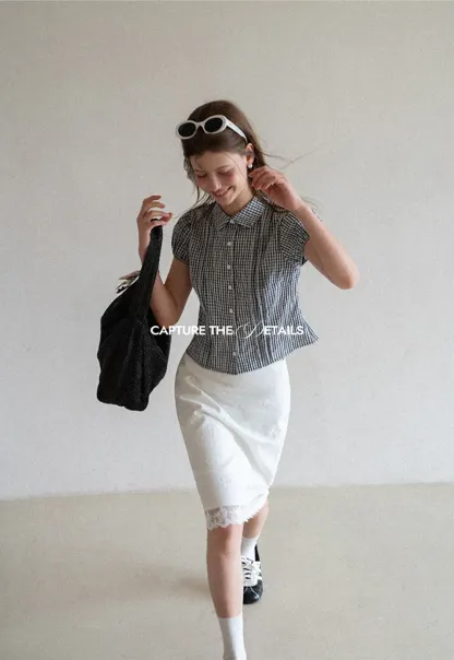 Gingham Check Puffed Sleeve Button Down Shirt