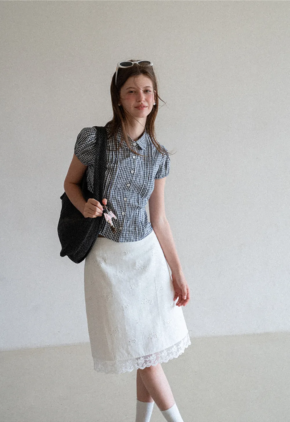 Gingham Check Puffed Sleeve Button Down Shirt