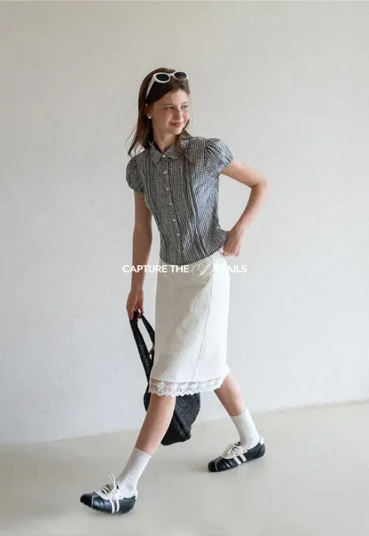 Gingham Check Puffed Sleeve Button Down Shirt