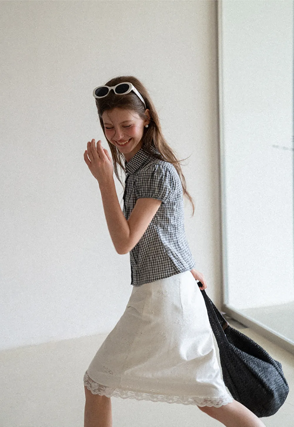 Gingham Check Puffed Sleeve Button Down Shirt