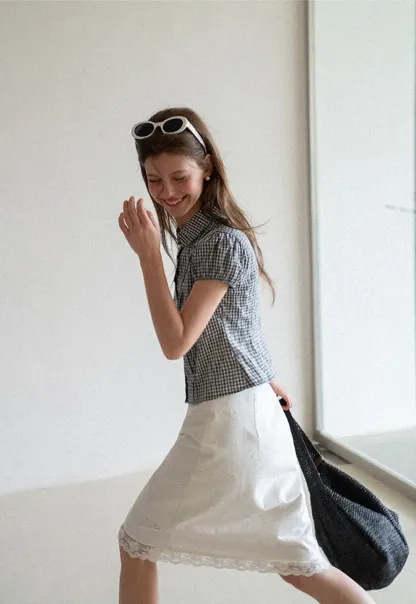 Gingham Check Puffed Sleeve Button Down Shirt