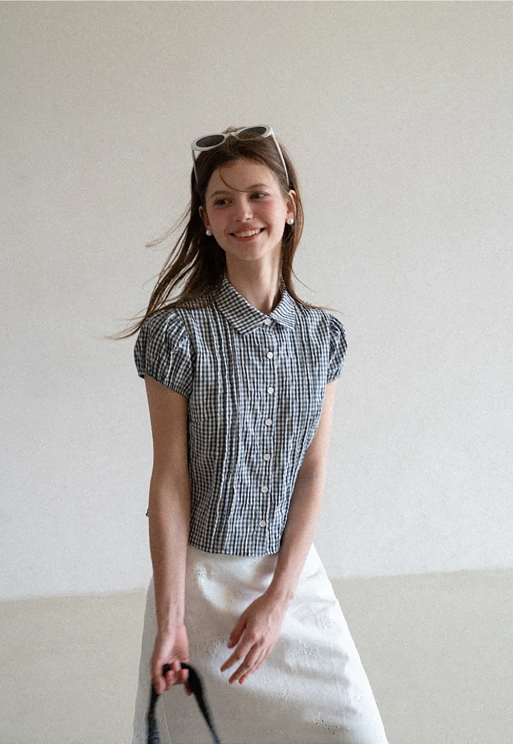 Gingham Check Puffed Sleeve Button Down Shirt