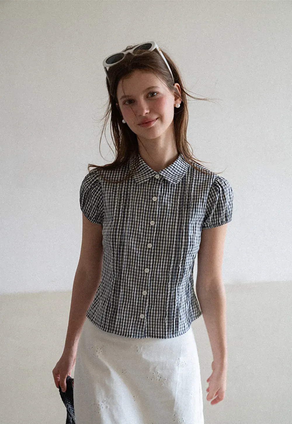 Gingham Check Puffed Sleeve Button Down Shirt