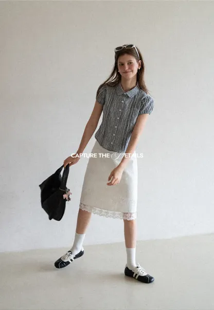 Gingham Check Puffed Sleeve Button Down Shirt