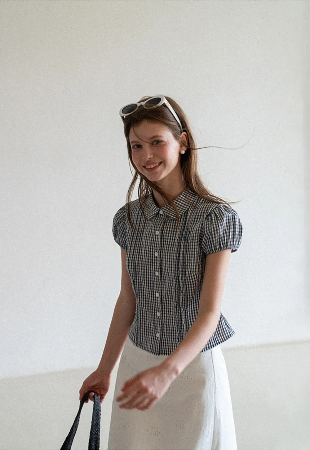 Gingham Check Puffed Sleeve Button Down Shirt
