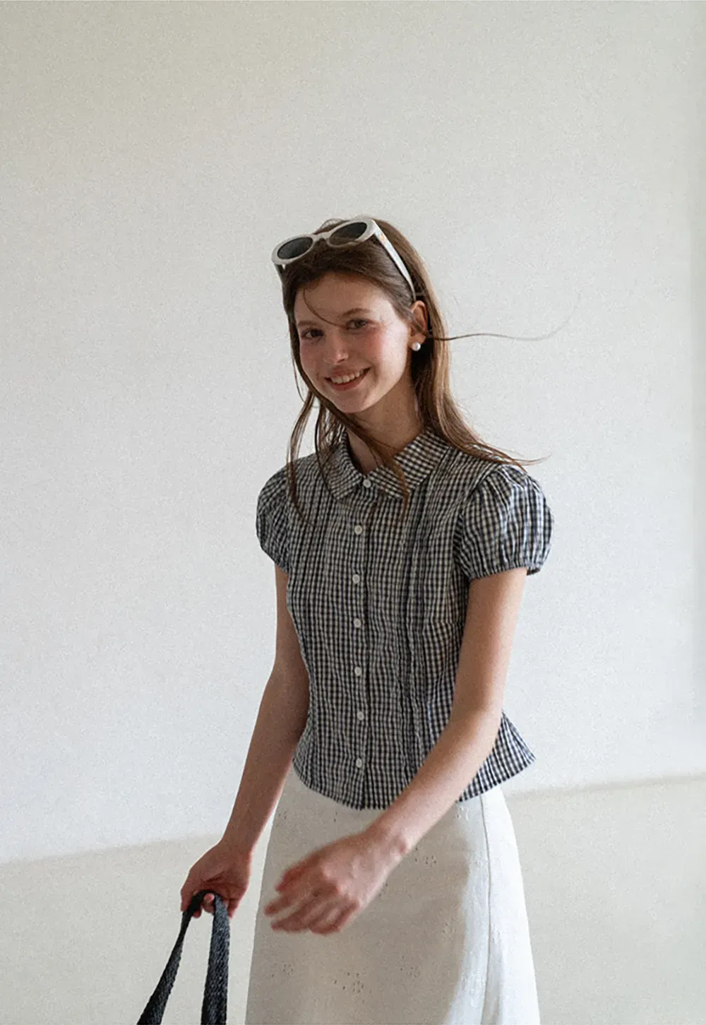 Gingham Check Puffed Sleeve Button Down Shirt
