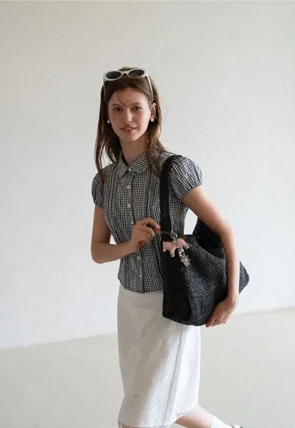 Gingham Check Puffed Sleeve Button Down Shirt