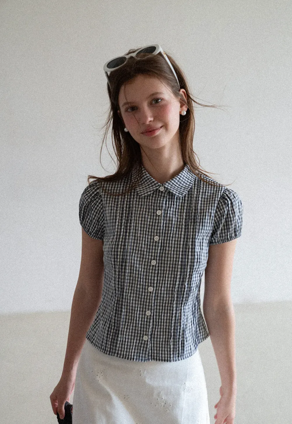 Gingham Check Puffed Sleeve Button Down Shirt