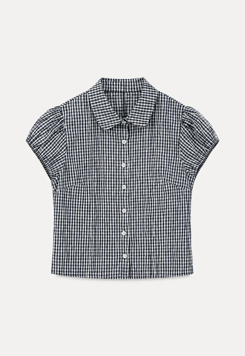 Gingham Check Puffed Sleeve Button Down Shirt