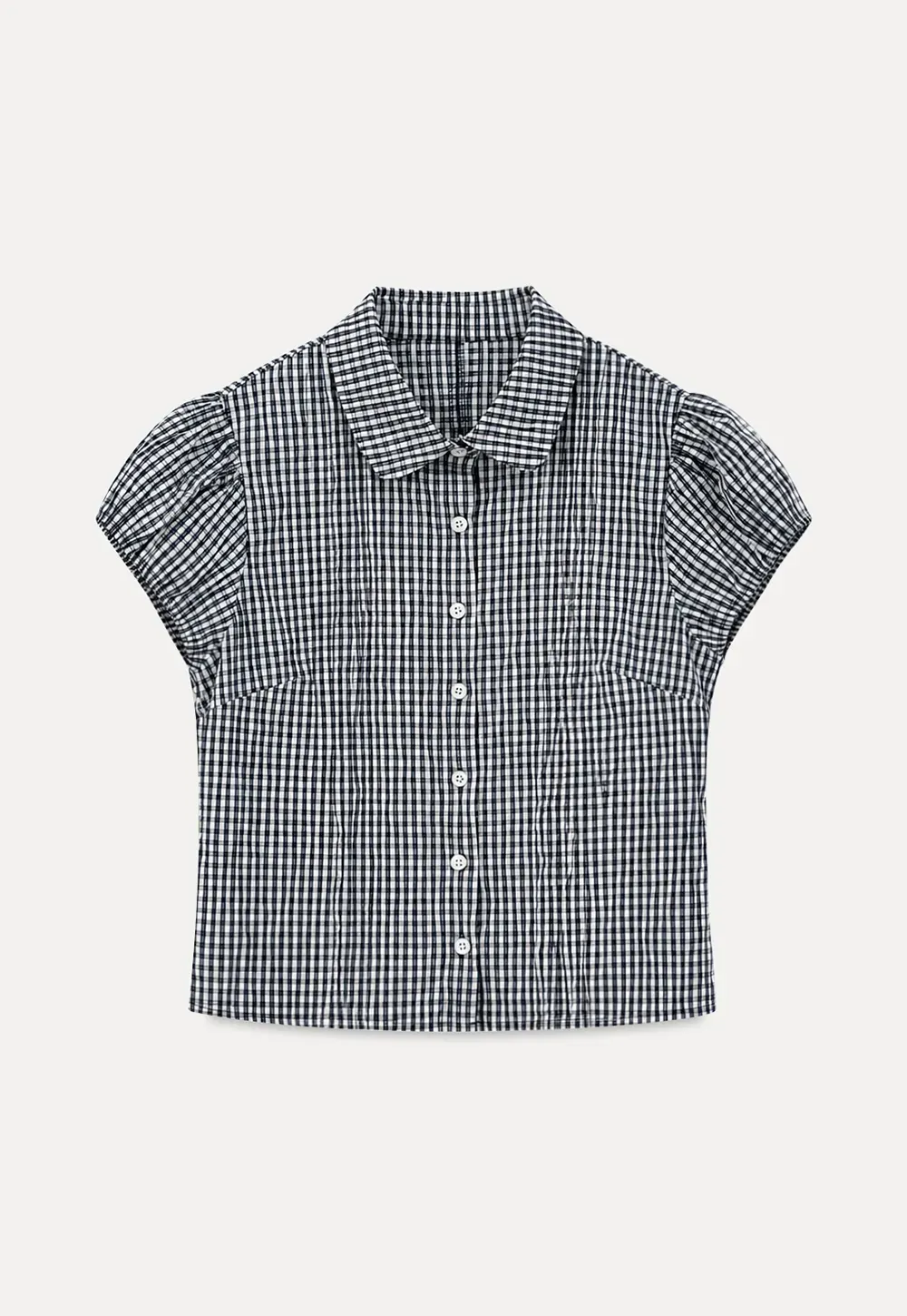 Gingham Check Puffed Sleeve Button Down Shirt