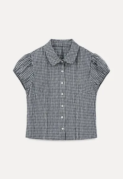 Gingham Check Puffed Sleeve Button Down Shirt