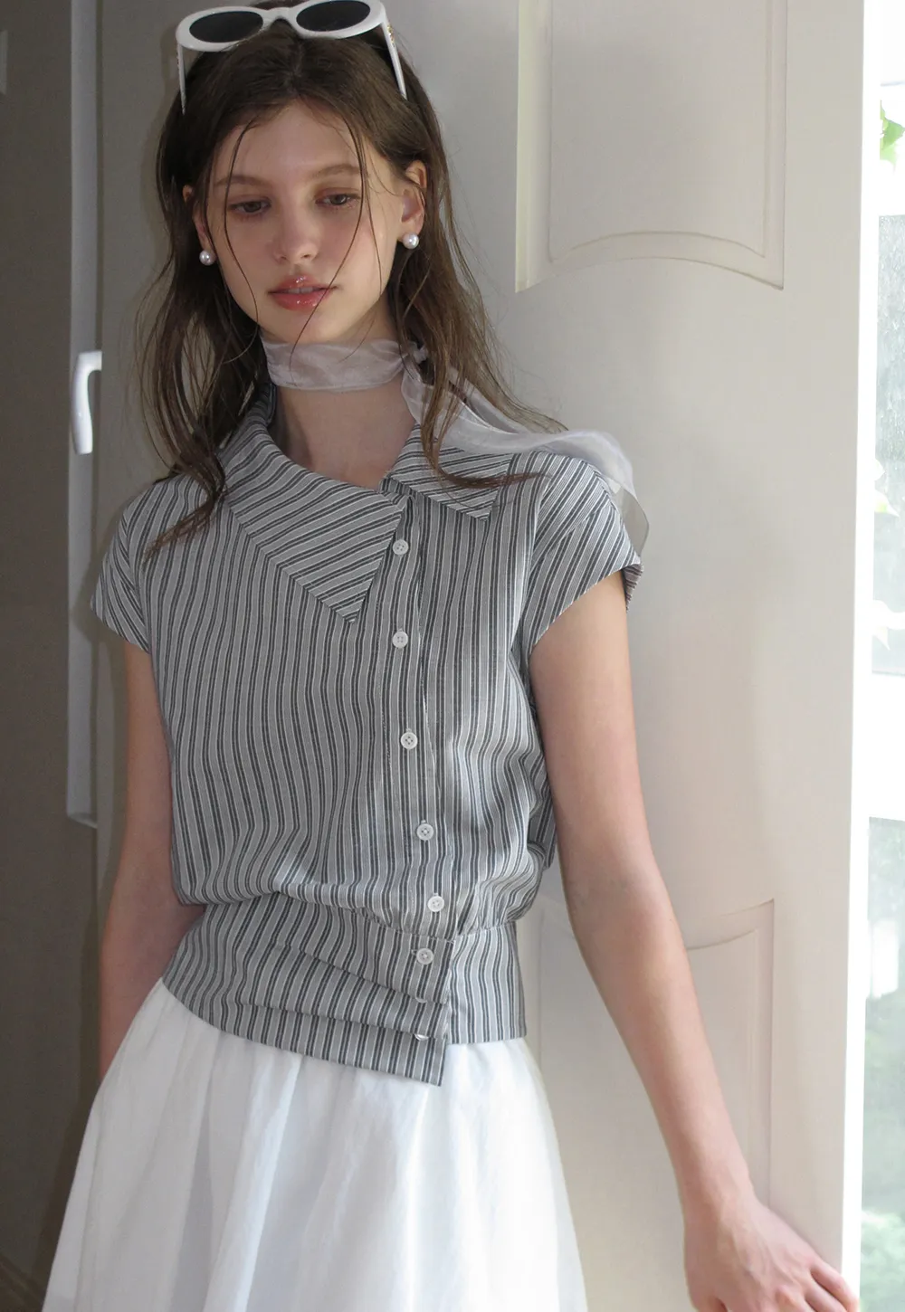 Striped Asymmetrical Collar Button Front Shirt