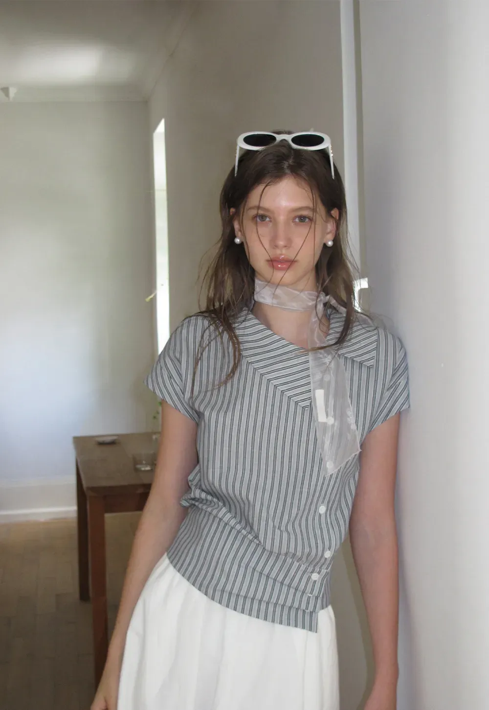 Striped Asymmetrical Collar Button Front Shirt