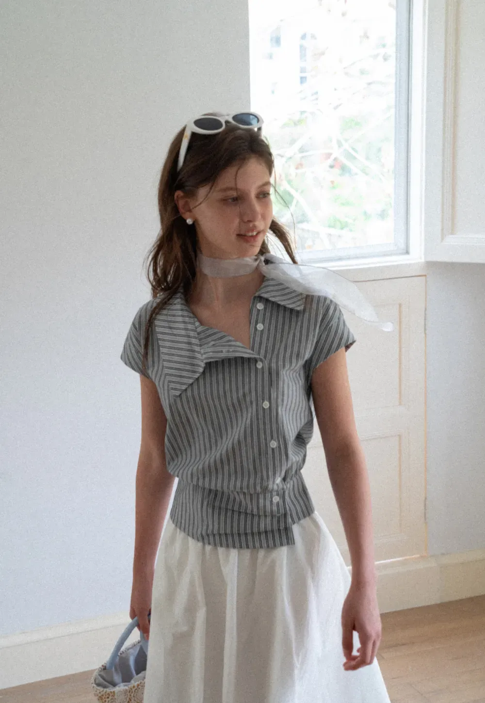 Striped Asymmetrical Collar Button Front Shirt