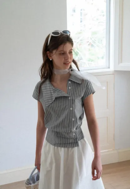 Striped Asymmetrical Collar Button Front Shirt