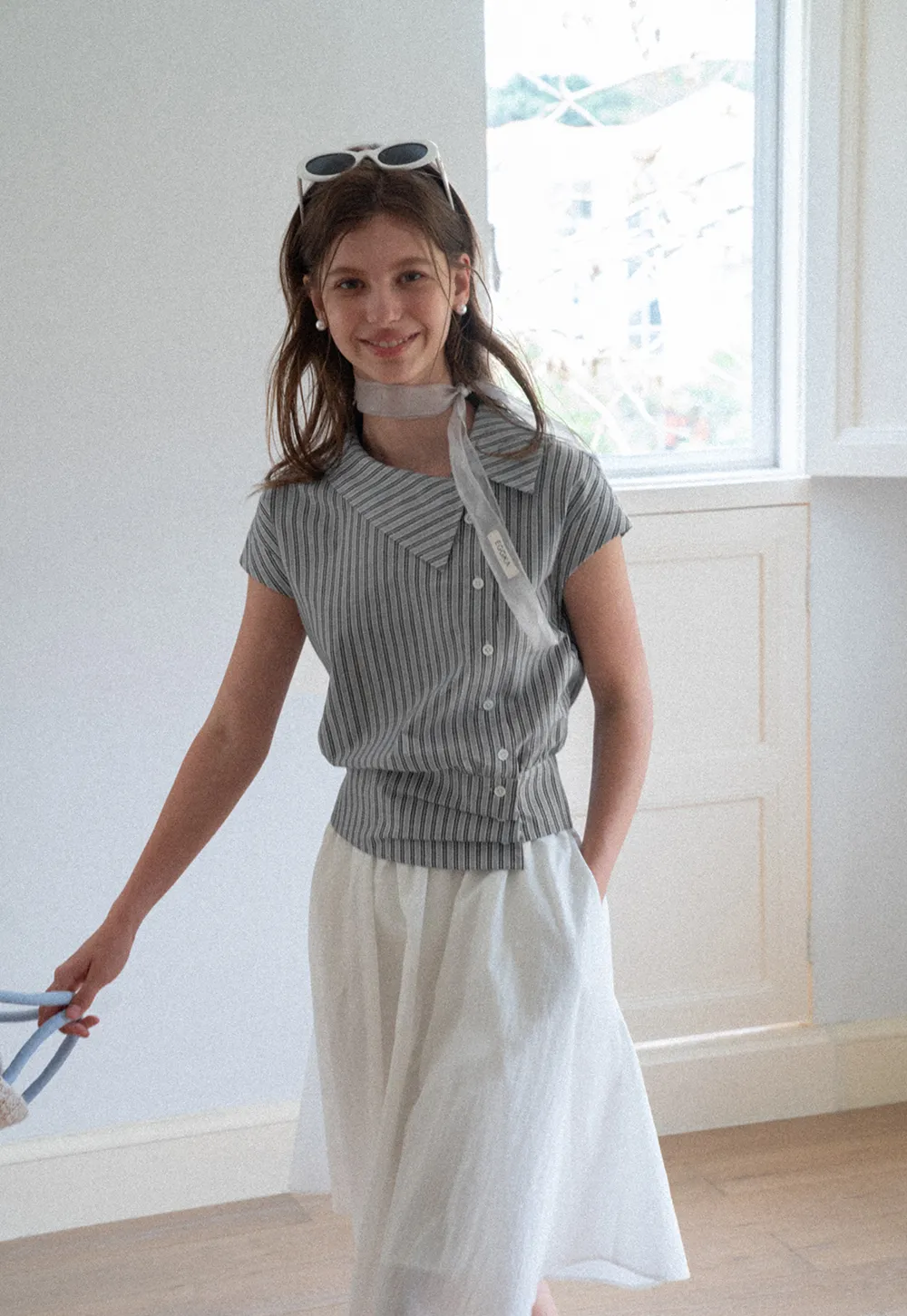 Striped Asymmetrical Collar Button Front Shirt