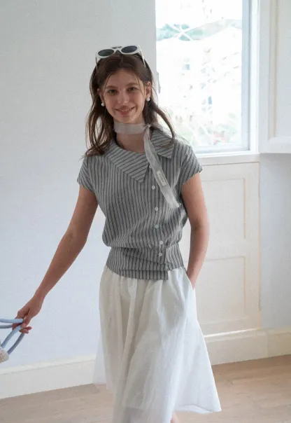 Striped Asymmetrical Collar Button Front Shirt