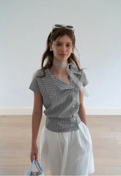 Striped Asymmetrical Collar Button Front Shirt