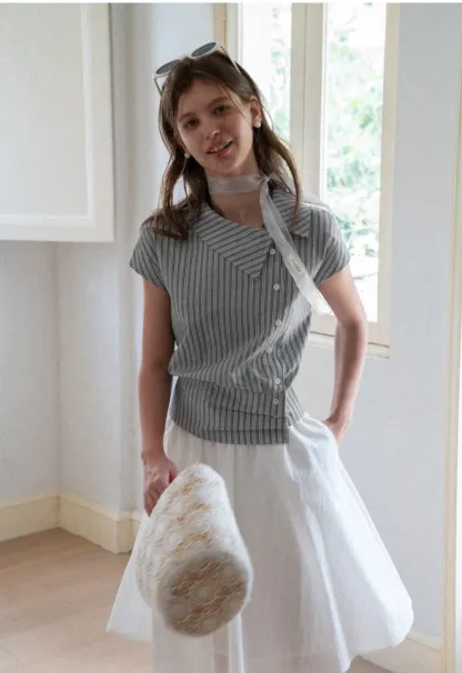 Striped Asymmetrical Collar Button Front Shirt