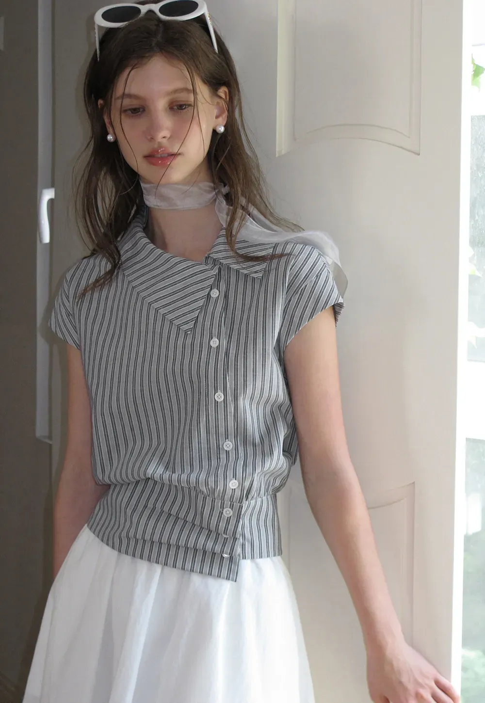 Striped Asymmetrical Collar Button Front Shirt