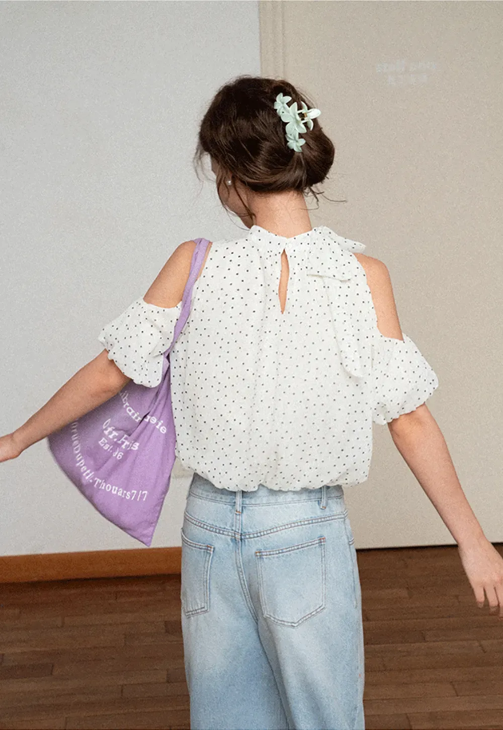 Polka Dot Cold Shoulder Cropped Blouse