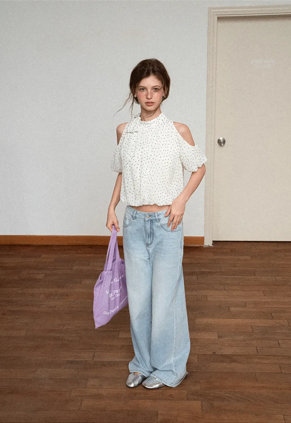 Polka Dot Cold Shoulder Cropped Blouse