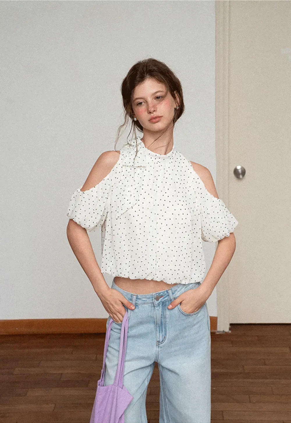 Polka Dot Cold Shoulder Cropped Blouse