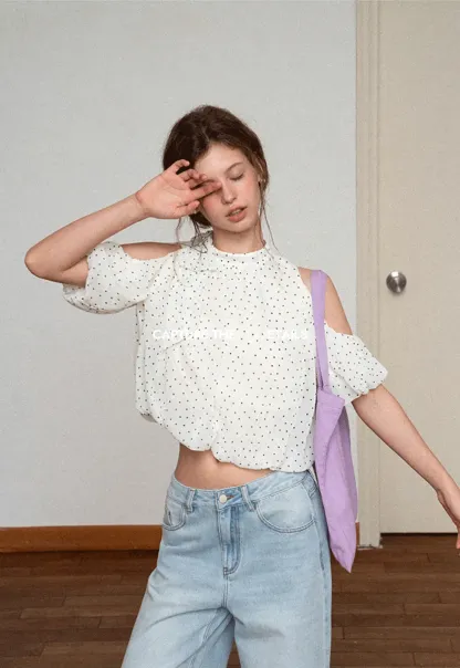 Polka Dot Cold Shoulder Cropped Blouse