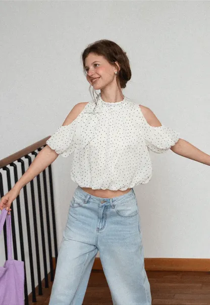 Polka Dot Cold Shoulder Cropped Blouse