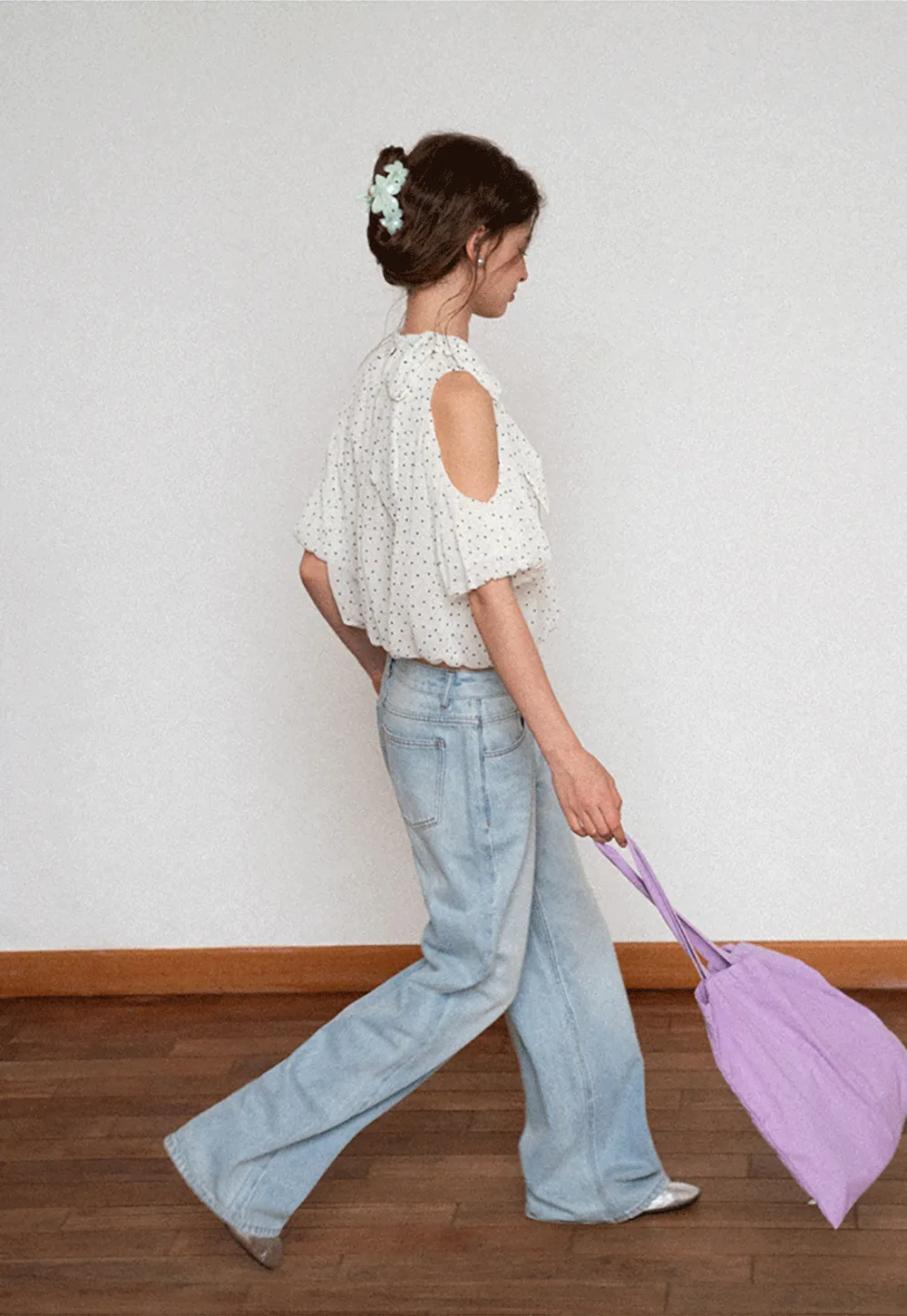 Polka Dot Cold Shoulder Cropped Blouse