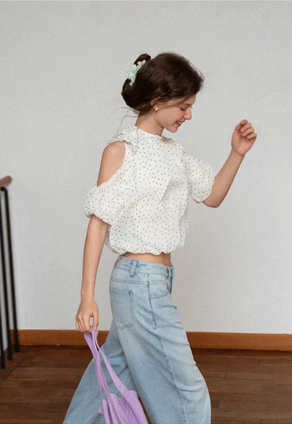 Polka Dot Cold Shoulder Cropped Blouse