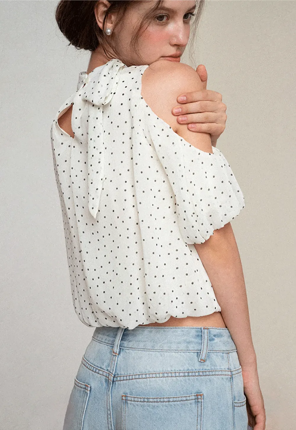 Polka Dot Cold Shoulder Cropped Blouse
