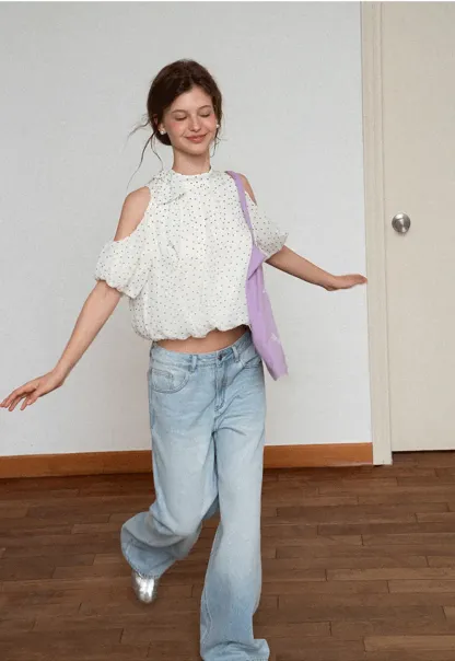 Polka Dot Cold Shoulder Cropped Blouse