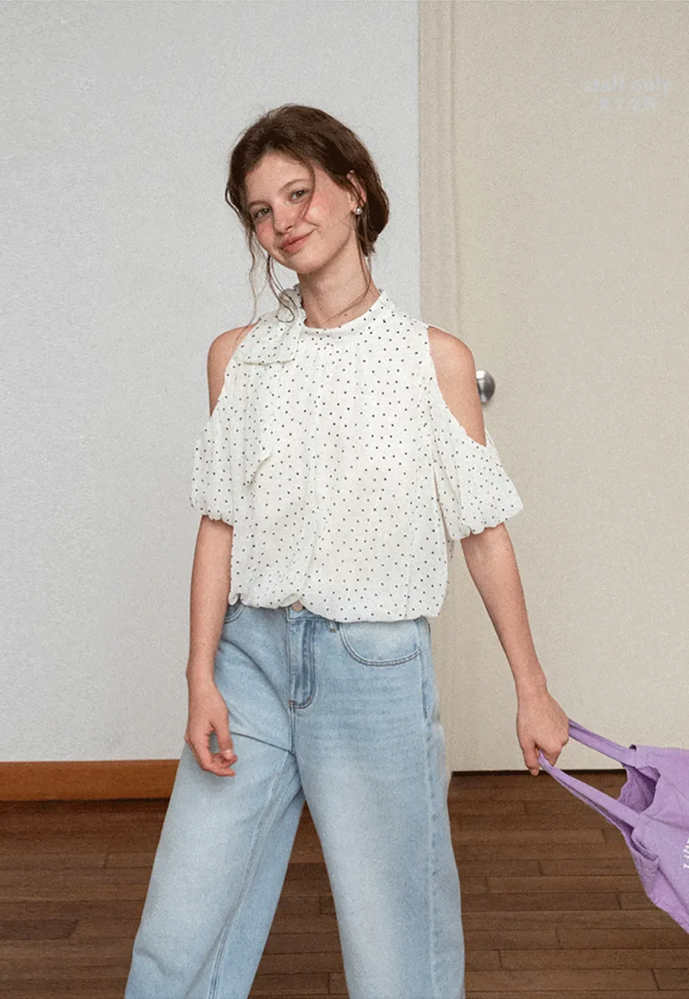 Polka Dot Cold Shoulder Cropped Blouse