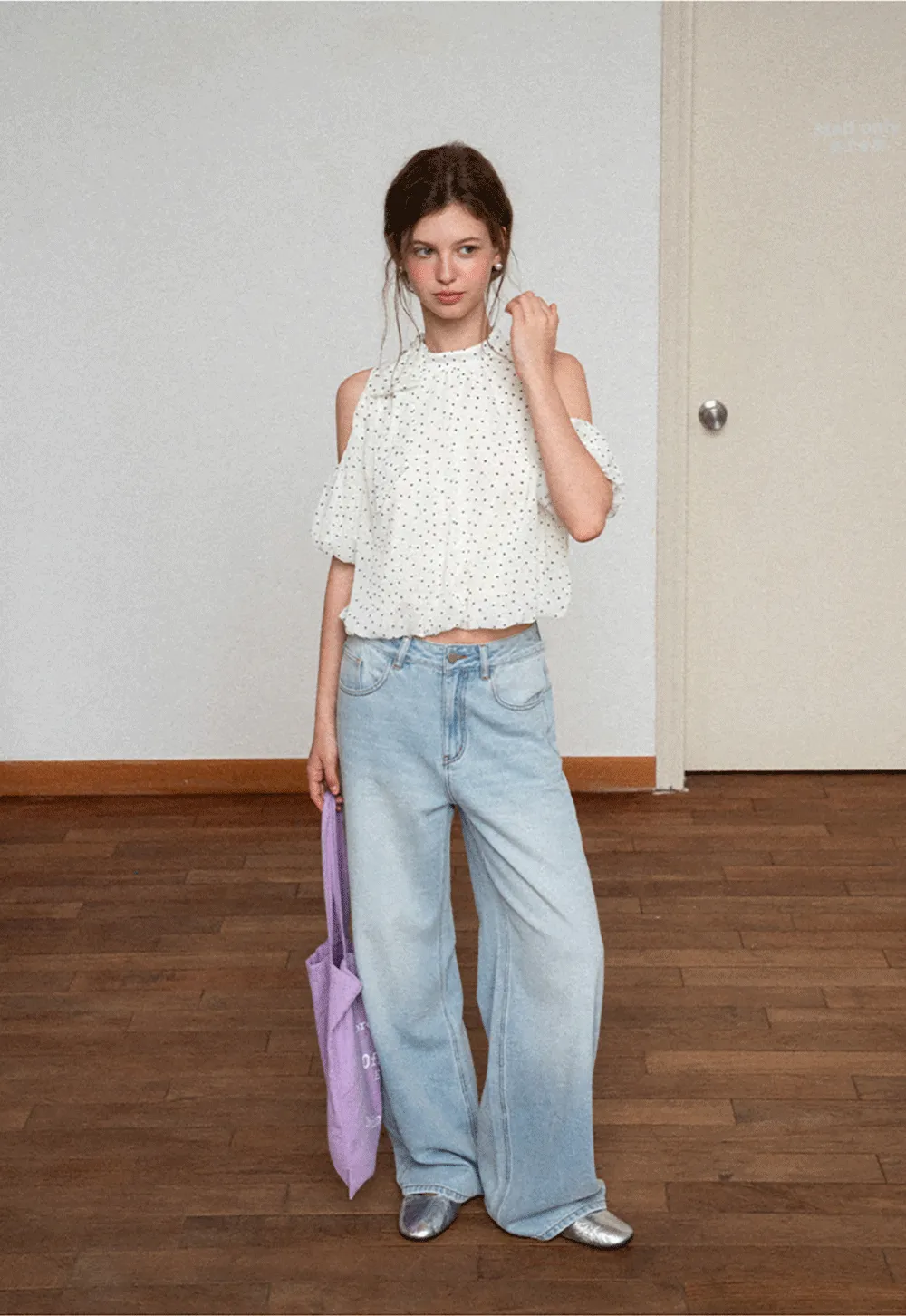 Polka Dot Cold Shoulder Cropped Blouse